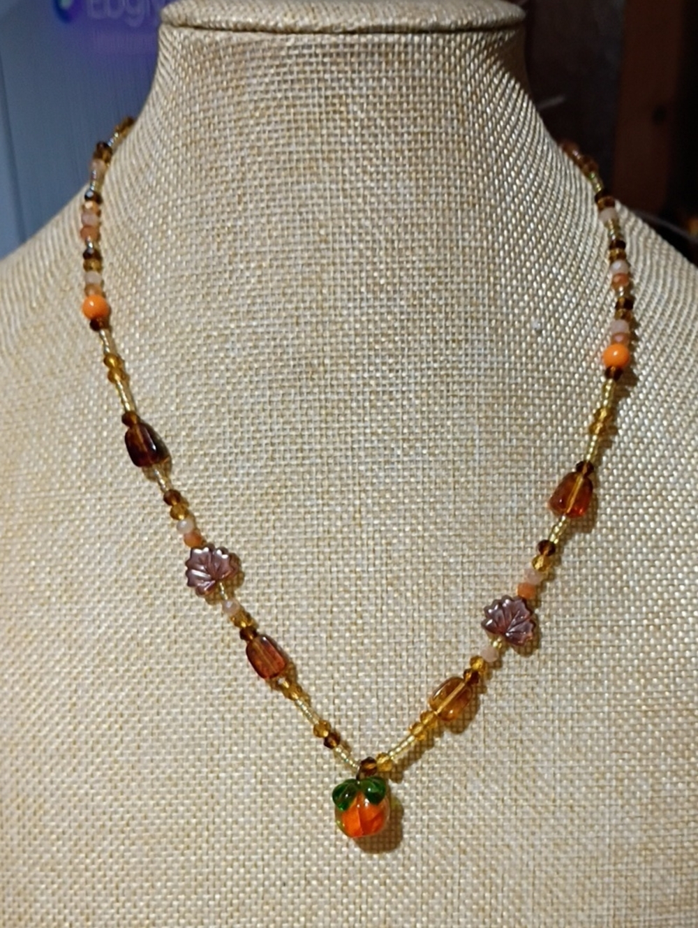 Orange Glass Bead Necklace And Earrings with Pumpkin Charm - Women Jewelry